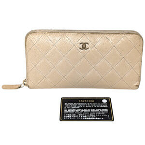 Chanel Beige Caviar Leather Zip Around‎ Wallet CC Quilted Logo Series 15